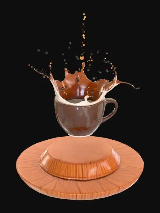 3D model for High detail, floating cup of coffee, pouring coffee out, from a mid height, splashing a circular splash, onto a wooden display base.