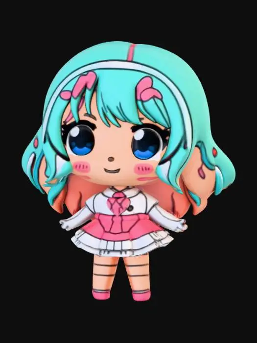 3D model for Kawaii, flat, smooth detail, enamel pin, designed like an anime girl