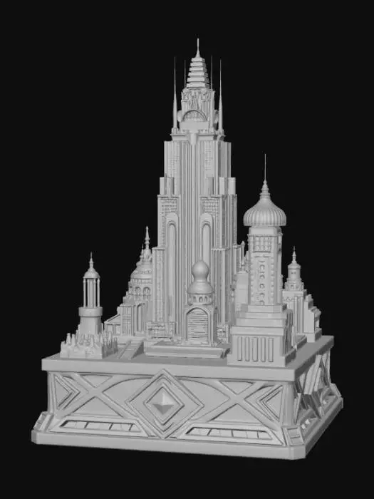 3D model for High detail, extravagant, tabletop sci-fi decoration, with extravagant sci-fi base and backdrop.