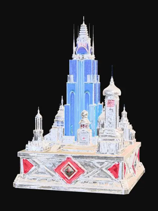 3D model for High detail, extravagant, tabletop sci-fi decoration, with extravagant sci-fi base and backdrop.
