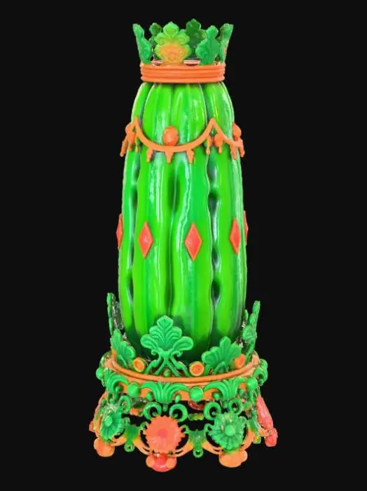 3D model for High detail, extravagant, tabletop pickle decoration, with extravagant pickle base and backdrop.