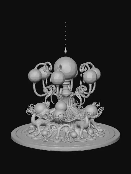 3D model for High detail, extravagant, tabletop bubbly, fantasy decoration, with extravagant fantasy base and backdrop.