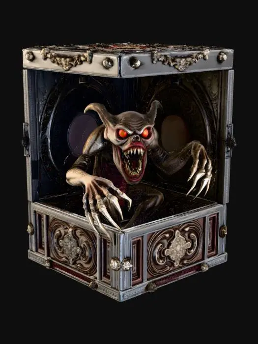 3D model for High detail, square box with one side open, with a high detail, monster inside, with creepy decorations along the inside of the box.