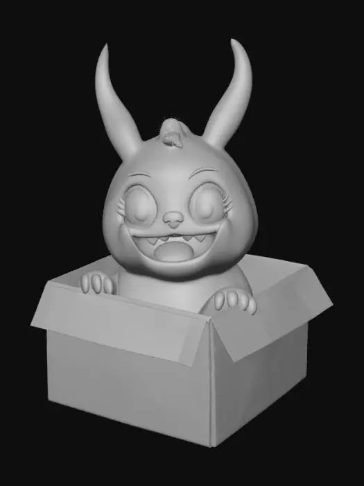 3D model for High detail, square box with one side open, with a smooth detail, kawaii monster inside, with cheerful decorations along the inside of the box.