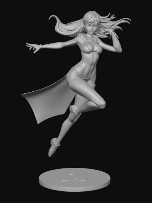 3D model for Abstract, anime girl, superhero, with added action effects, posed on a flat superhero logo.
