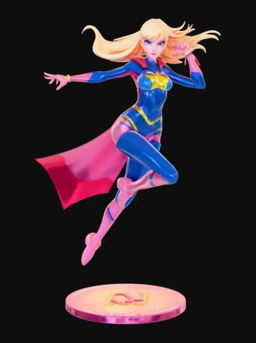 3D model for Abstract, anime girl, superhero, with added action effects, posed on a flat superhero logo.