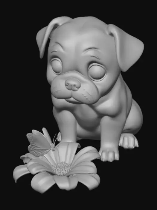 3D model for High detail, kawaii dog squatting down to look at a butterfly sitting ontop of a flower, tabletop decoration.