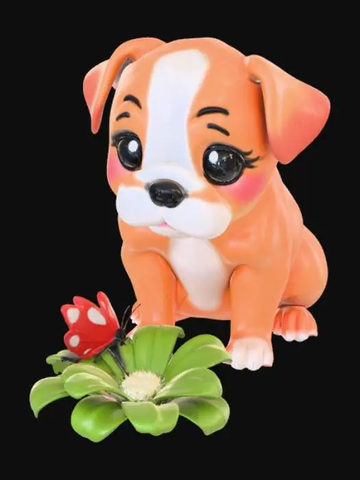 3D model for High detail, kawaii dog squatting down to look at a butterfly sitting ontop of a flower, tabletop decoration.