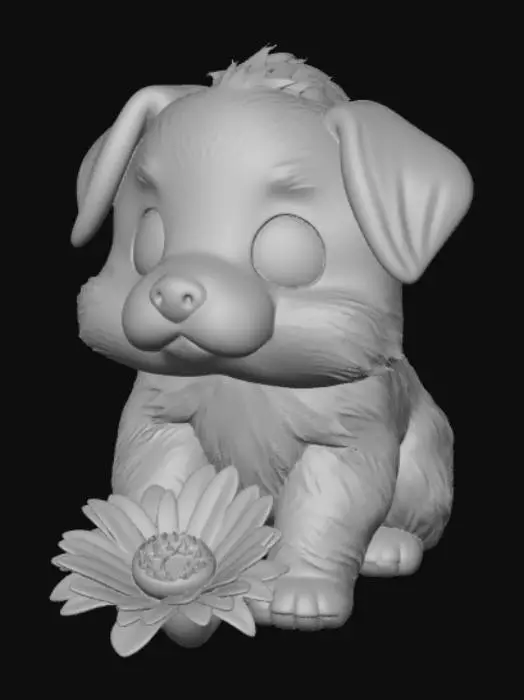 3D model for High detail, kawaii dog squatting down to look at a butterfly sitting ontop of a flower, tabletop decoration.
