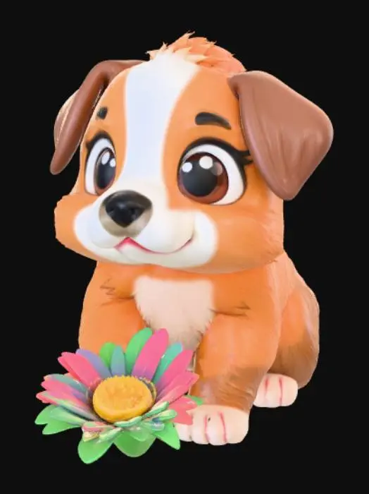 3D model for High detail, kawaii dog squatting down to look at a butterfly sitting ontop of a flower, tabletop decoration.