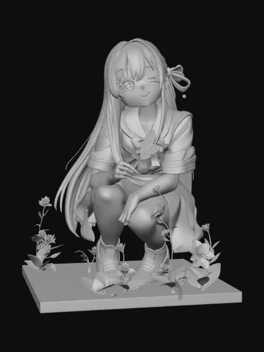3D model for High detail, anime school girl, squatting down to look at a butterfly sitting ontop of a flower, tabletop decoration.