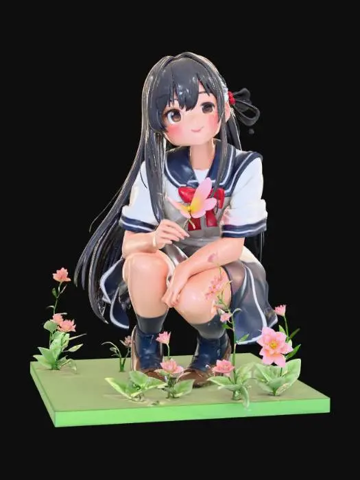 3D model for High detail, anime school girl, squatting down to look at a butterfly sitting ontop of a flower, tabletop decoration.