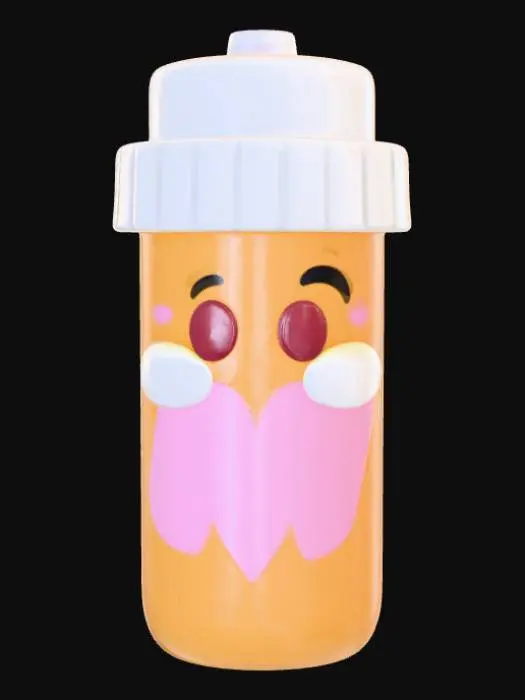 3D model for Smooth, low detail, Chibi Cartoon Pill Bottle sitting, smooth detail