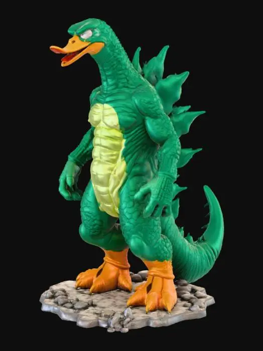 3D model for High detail, Duckzilla, standing on a broken rubble road base.