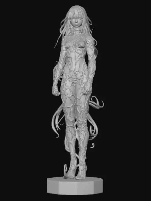 3D model for High detail, Abstract, spire, designed to style anime girl theme, placed on a dark oak wood base.