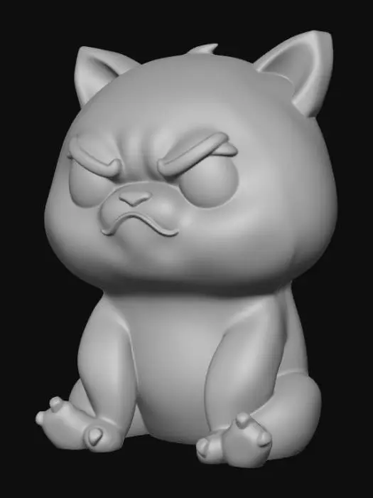 3D model for Smooth, simple detail, kawaii, grumpy animal, sitting.
