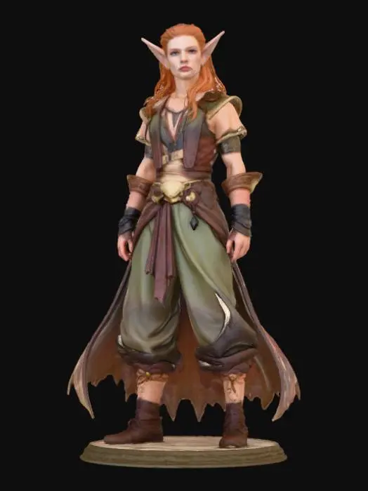 3D model for High detail, Fantasy, Fey Creature, wearing high detail adventurer clothes, standing on high detailed base, in action pose.