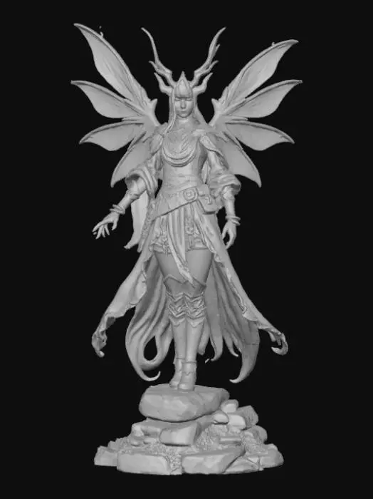 3D model for High detail, Fantasy, Fey Creature, wearing high detail adventurer clothes, standing on high detailed base, in action pose.