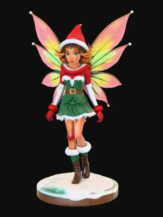 3D model for High detail, Fantasy, Fey Creature, wearing high detail christmas clothes, standing on high detailed base, in action pose