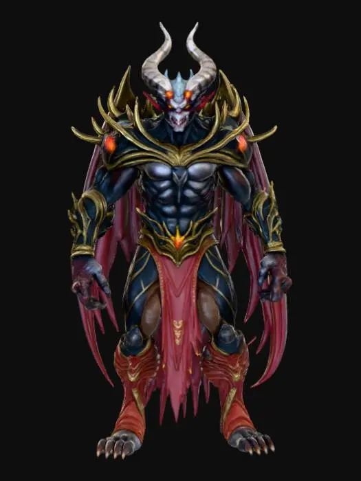 3D model for High Detailed, Fantasy, Thousand Eyed Demon King, standing on a hellfire landscape base.