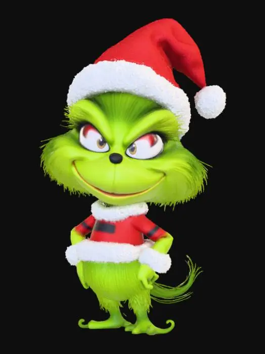 3D model for Low detail, chibi, grinch, wearing christmas outfit.