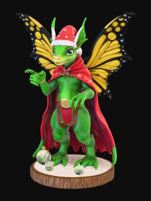 3D model for High detail, Fantasy, Fey Creature, wearing high detail christmas clothes, standing on high detailed base, in action pose