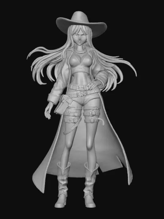 3D model for High detail, anime cowgirl, wearing leather outfit, posed in an action pose, standing on a detailed wooden base.