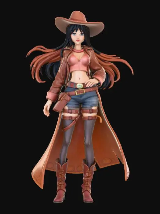 3D model for High detail, anime cowgirl, wearing leather outfit, posed in an action pose, standing on a detailed wooden base.