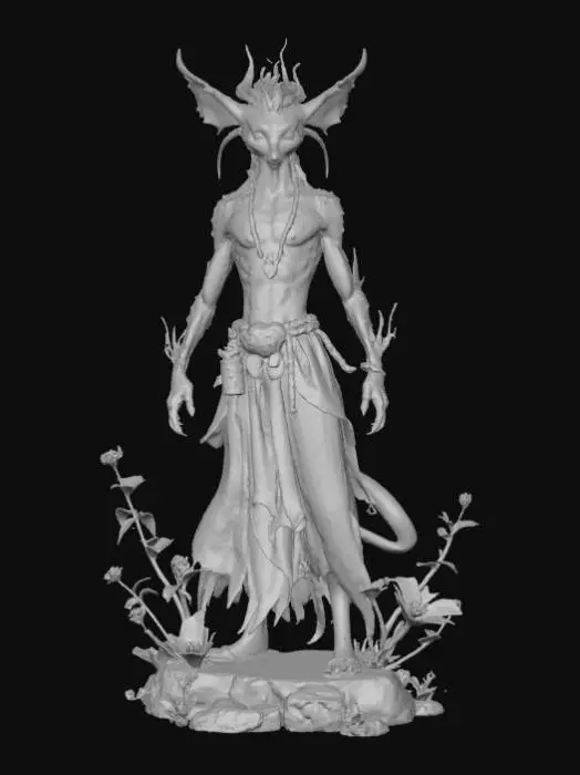 3D model for High detail, Fantasy, Fey Creature, wearing high detail adventurer clothes, standing on high detailed base, in action pose.
