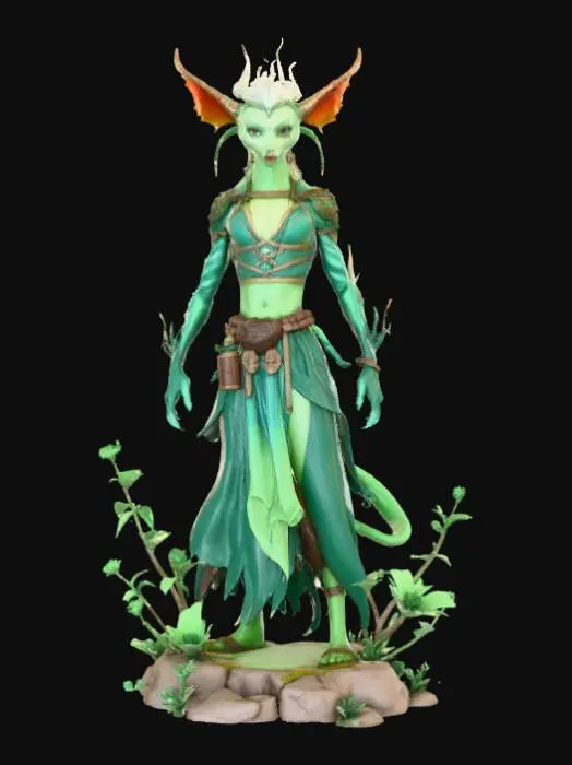 3D model for High detail, Fantasy, Fey Creature, wearing high detail adventurer clothes, standing on high detailed base, in action pose.