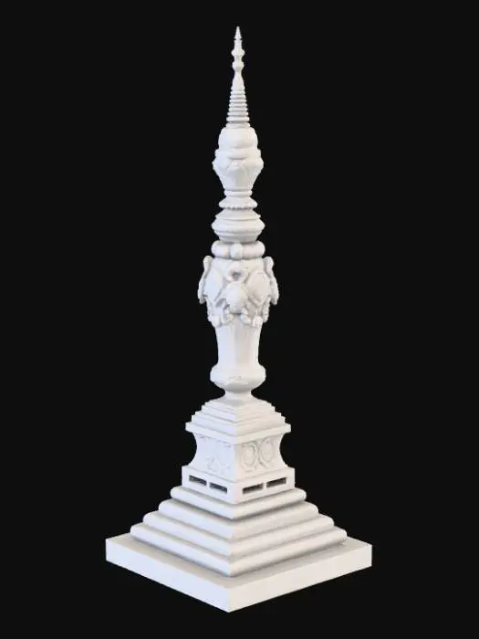 3D model for High detail, ornate, embelished, abstract spire, on a stone square stepped base.