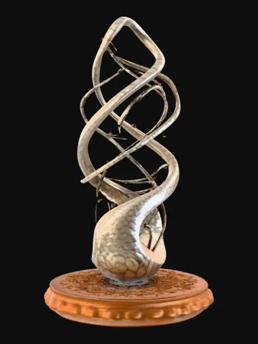 3D model for High detail, line art, connected to a wooden detailed base