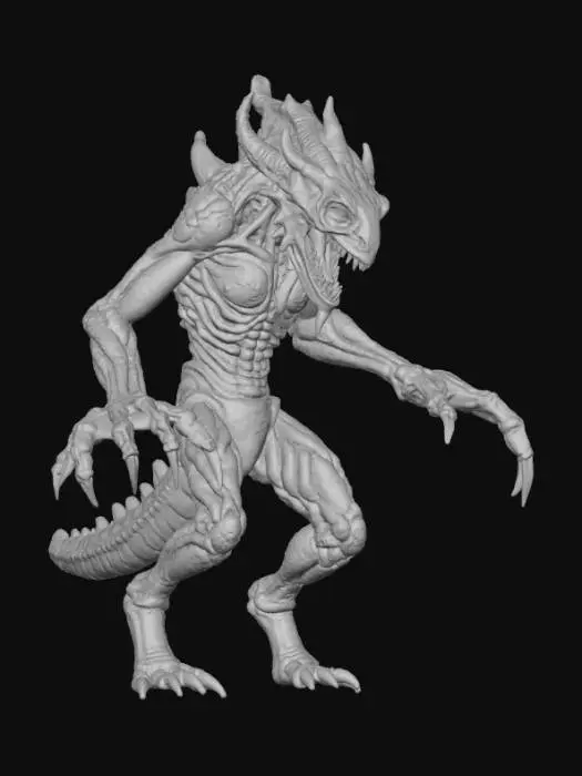 3D model for High detail, transmorphic monster, in action pose, set on a high detailed dungen style base