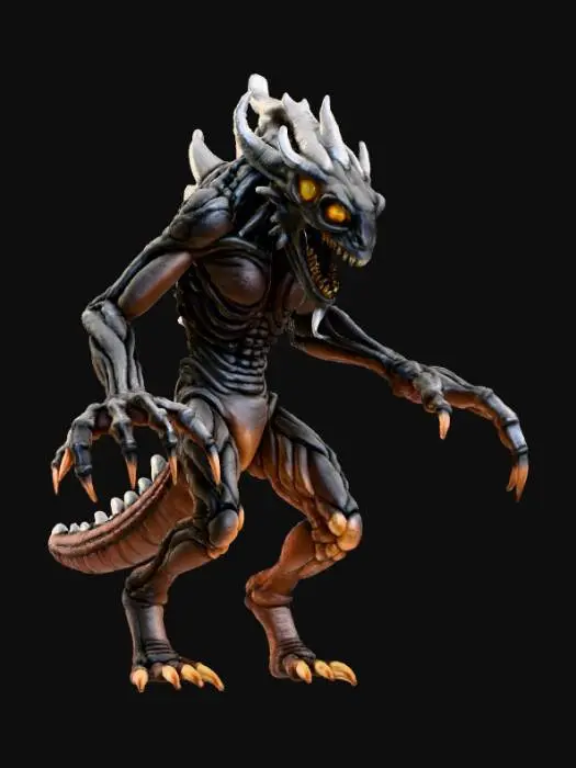 3D model for High detail, transmorphic monster, in action pose, set on a high detailed dungen style base