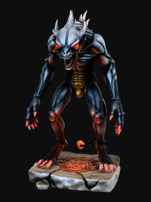 3D model for High detail, transmorphic monster, in action pose, set on a high detailed dungen style base