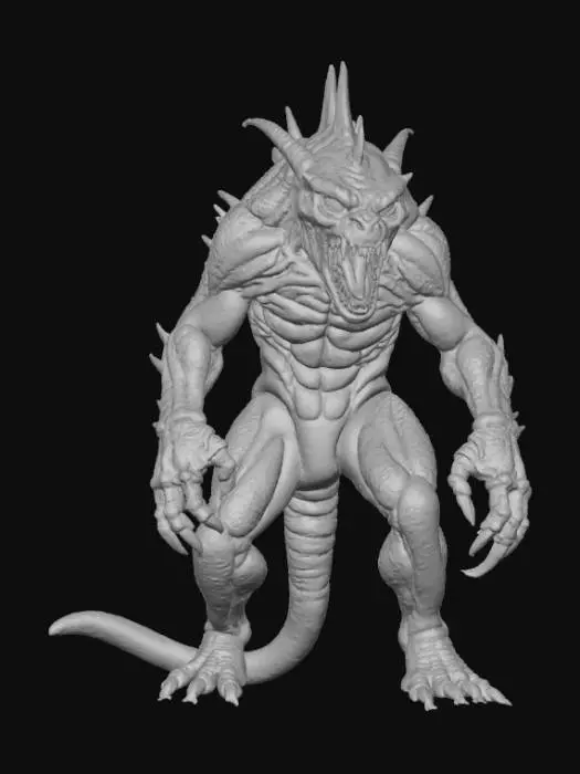 3D model for High detail, Saw toothed monster, posed on a rocky terrain.