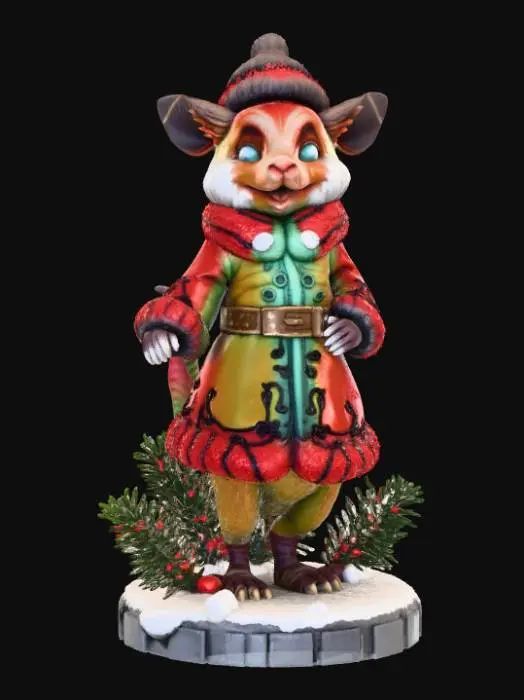 3D model for High detail, Fantasy, Creature, wearing high detail christmas clothes, standing on high detailed base, in action pose