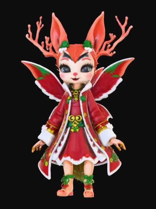 3D model for High detail, Fantasy, Fey Creature, wearing high detail christmas clothes, standing on high detailed base, in action pose