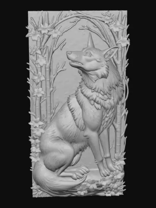 3D model for High detail, Howling Wolf, with a high detail, engraved forest mural, carved into the side of the wolf.
