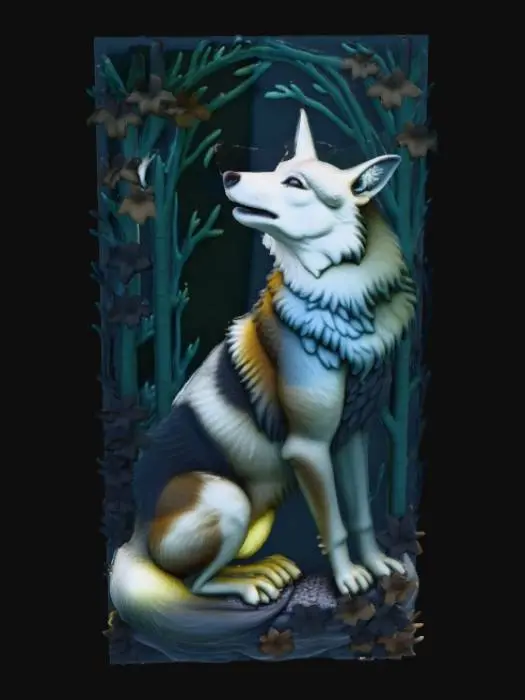 3D model for High detail, Howling Wolf, with a high detail, engraved forest mural, carved into the side of the wolf.