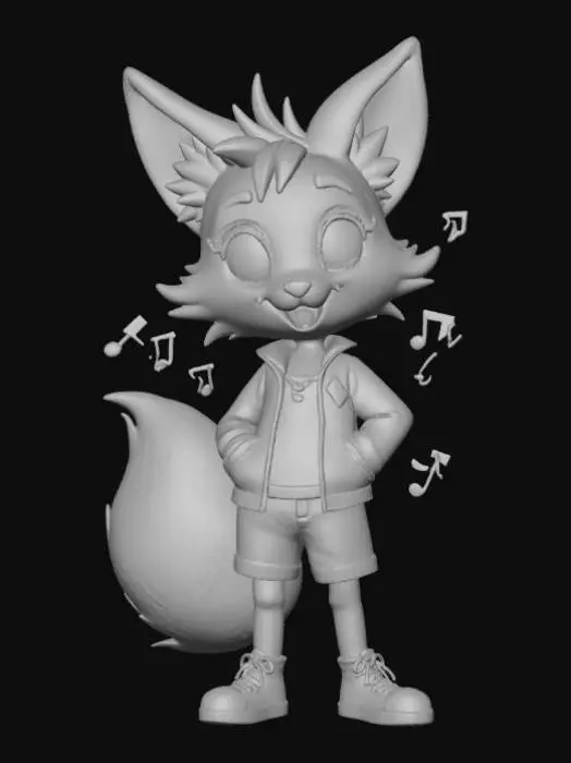 3D model for High deatil, "Weird Al" Yankovic, as an anime fey fox, posed on a theme oriented detailed stand.