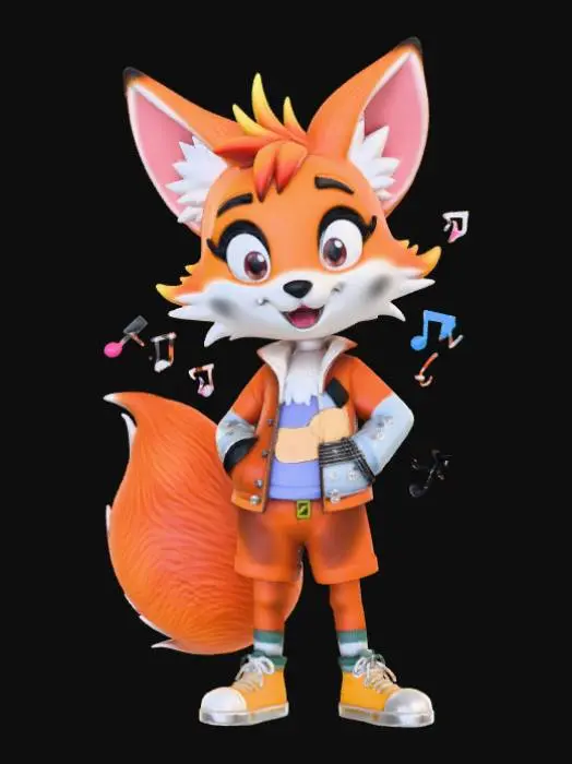 3D model for High deatil, "Weird Al" Yankovic, as an anime fey fox, posed on a theme oriented detailed stand.