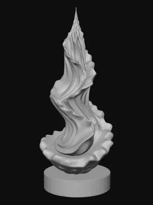 3D model for High detail, abstract spire, designed like a ocean scenery, displayed on a dark wood base.