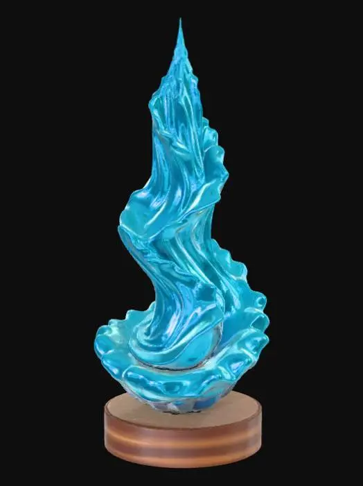 3D model for High detail, abstract spire, designed like a ocean scenery, displayed on a dark wood base.