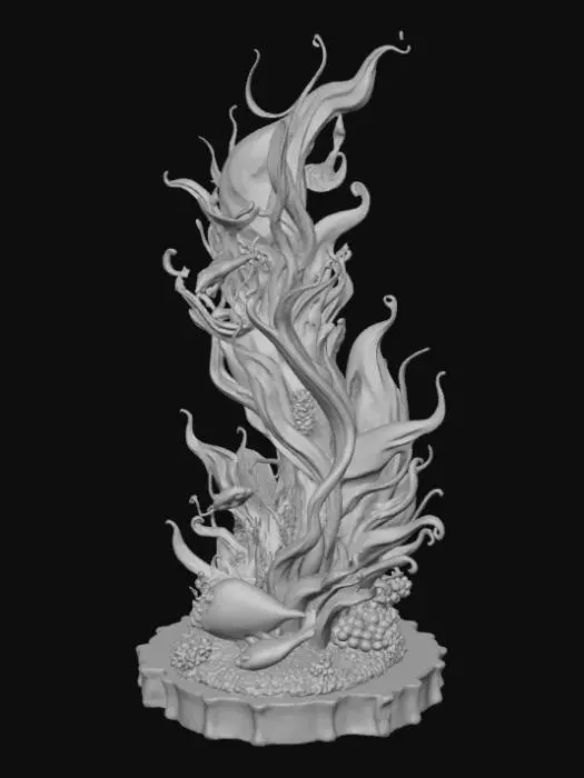 3D model for High detail, abstract spire, designed like a ocean scenery with wildlife, displayed on a dark wood base.