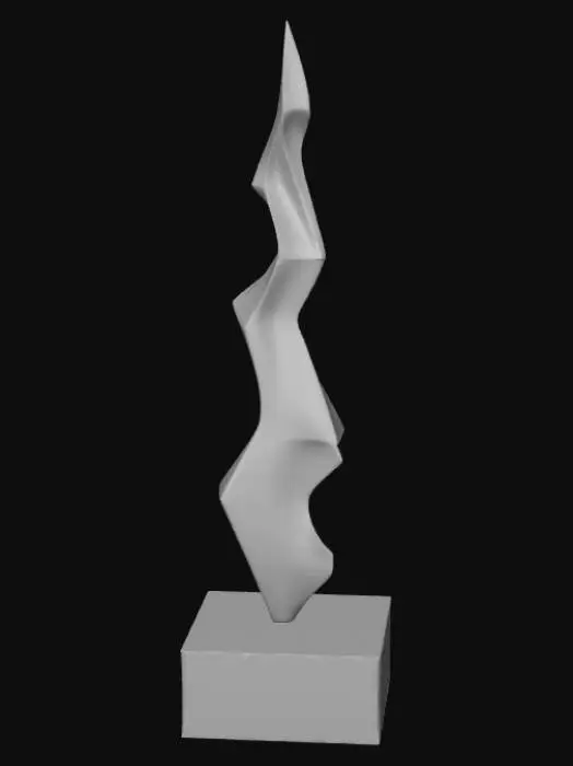 3D model for High detail, abstract spire, designed like a lightning strike, displayed on a dark wood base.