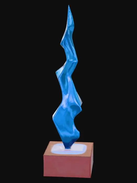 3D model for High detail, abstract spire, designed like a lightning strike, displayed on a dark wood base.