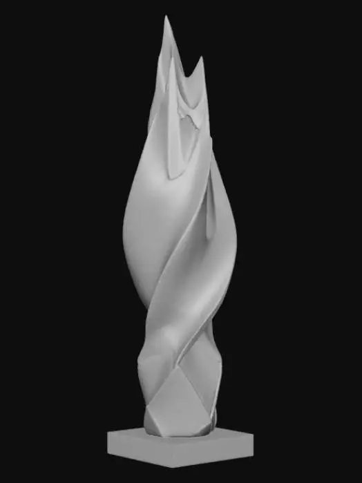 3D model for High detail, abstract spire, designed like a lightning strike, displayed on a dark wood base.