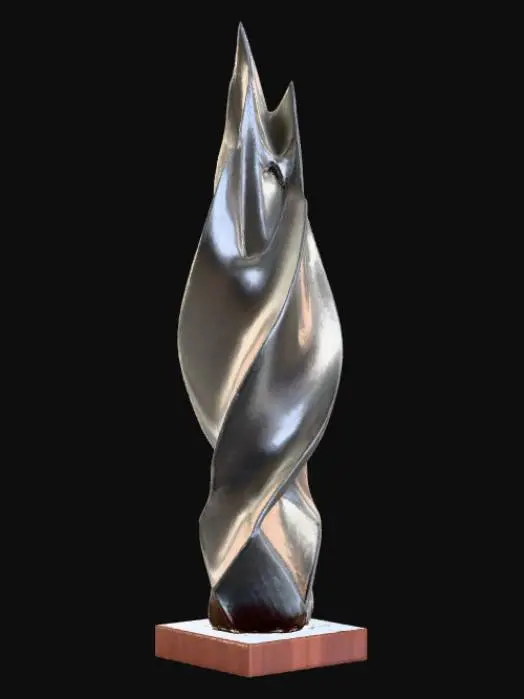 3D model for High detail, abstract spire, designed like a lightning strike, displayed on a dark wood base.