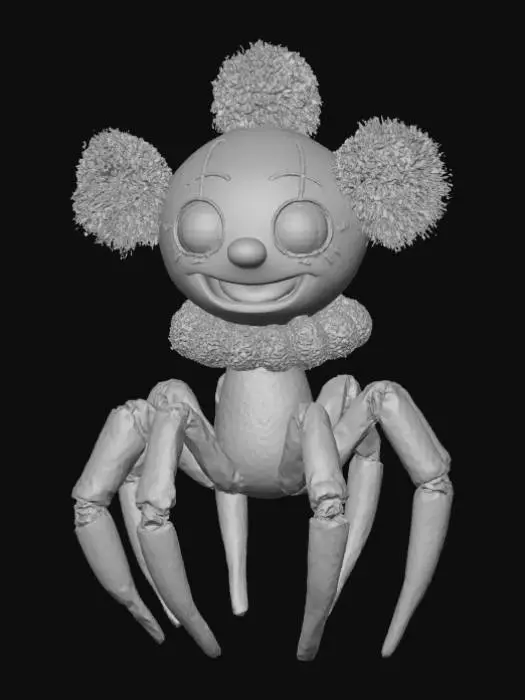 3D model for Smooth detail, kawaii, creepy, spider clown, posed on a dungeon style base.